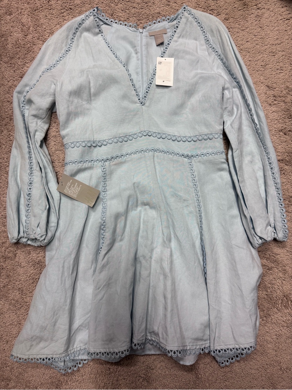 H&M Blue Linen Blend Embroidered Mini Dress Size M NWT